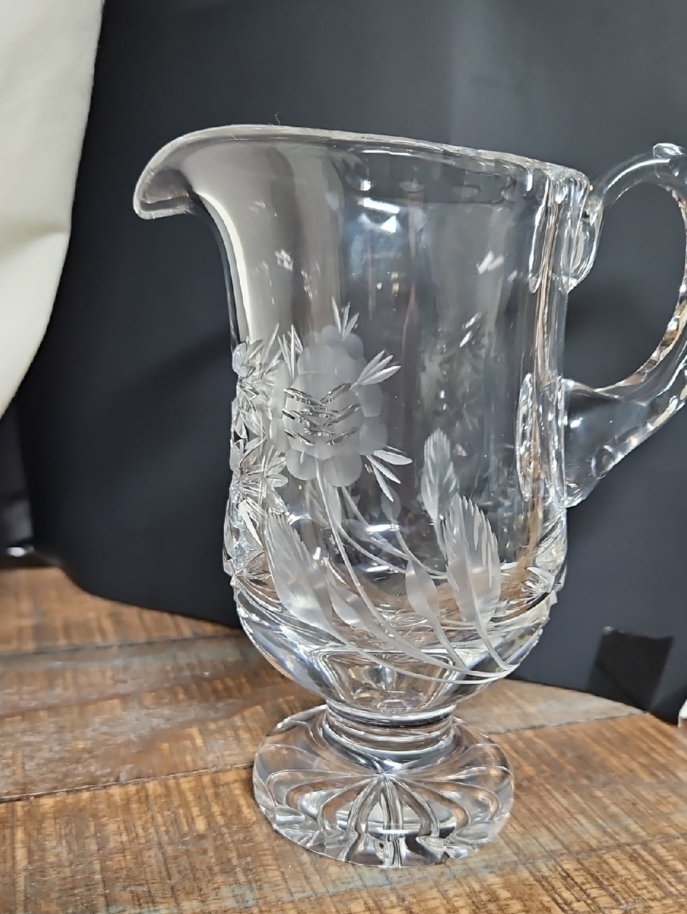 Clear Etched Crystal Pitcher - Elegant Floral Design, Clear